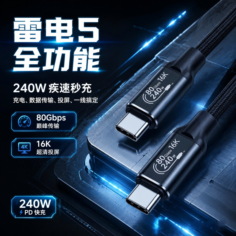 New Thunderbolt 5 Compatible USB4 Fast Charging Data Cable 240W Fast Charging Full-Function Dual-Head TYPE C 80GB16K New Thunderbolt 5 Compatible USB4 Fast Charging Data Cable 240W Fast Charging Full-Function Dual-Head TYPE C 80GB16K