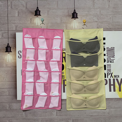 Double-Sided Bra and Socks Underwear Storage Hanger Bag, Foldable Wardrobe Fabric Door Behind Storage Bag, Wall Mount Organizer Bag