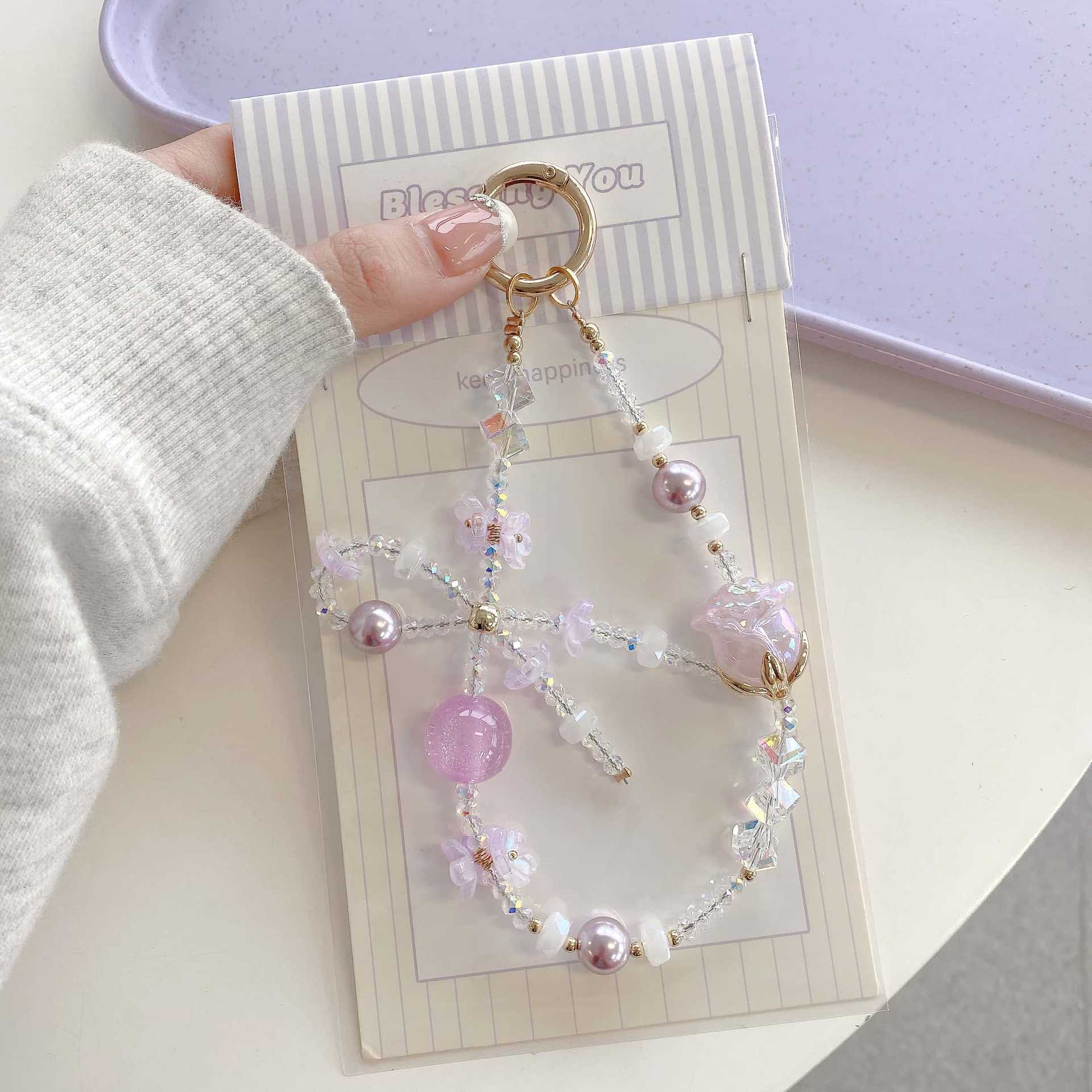 Cadena de teléfono móvil de alta gama hecha a mano boutique, tulipán femenino, cadena larga púrpura, cordón de teléfono móvil de moda, colgante de mensajero largo