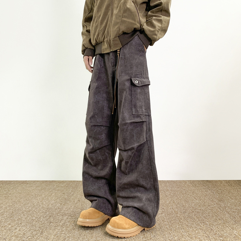 American Style Retro Jeans Unisex Loose Cargo Pants Marble Dark Pattern Multi-Pocket Straight Cargo Pants