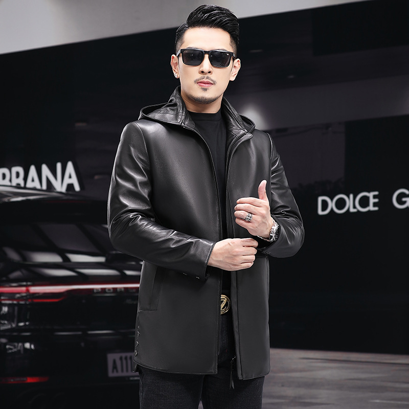 New Haining Leather Coat Men's Genuine Leather Detachable Hood Layer Sheepskin Mid length Down Coat Casual Windbreaker Coat