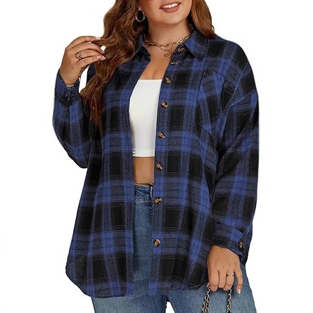 Cross-Border European and American Spring and Autumn Casual Button-Down Flannel Plaid Long-Sleeve Outerwear Collar Women's Versatile Formal Shirt