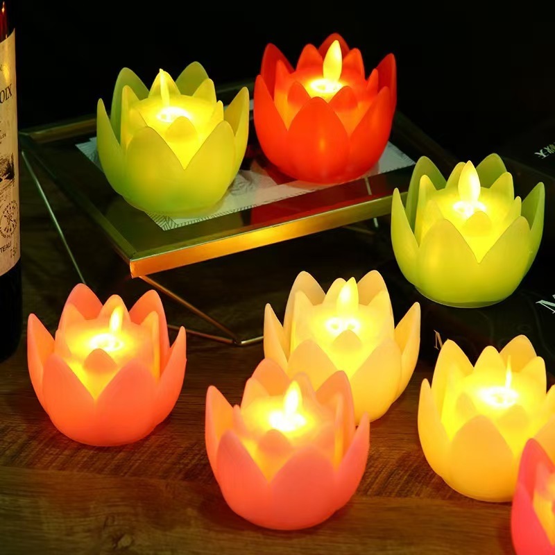 模擬LED電子キャンドルライト、炎が揺れる仏前、無煙のパフォーマンスイベント、祭りと祝福の蓮のランプ|undefined
