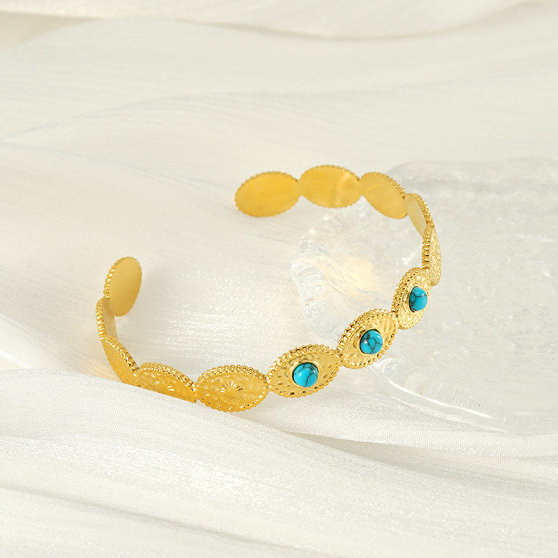 Nuevo acero de titanio azul turquesa transfronterizo ligero lujoso diseño de moda geometría de oro 18K simple pulsera de apertura en forma de C para mujeres