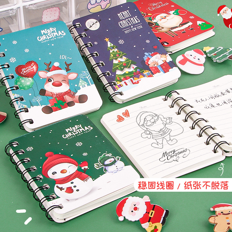 Dibujos animados Navidad bobina libro estudiante mini portátil de hojas sueltas de regalo de Navidad cuaderno de papelería al por mayor