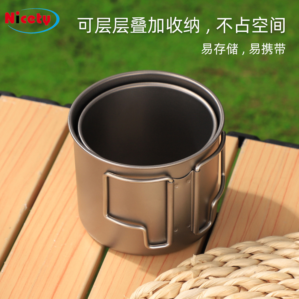 Taza de agua de titanio puro al aire libre cocina de camping taza de titanio mango de taza de camping plegable de una sola capa taza portátil