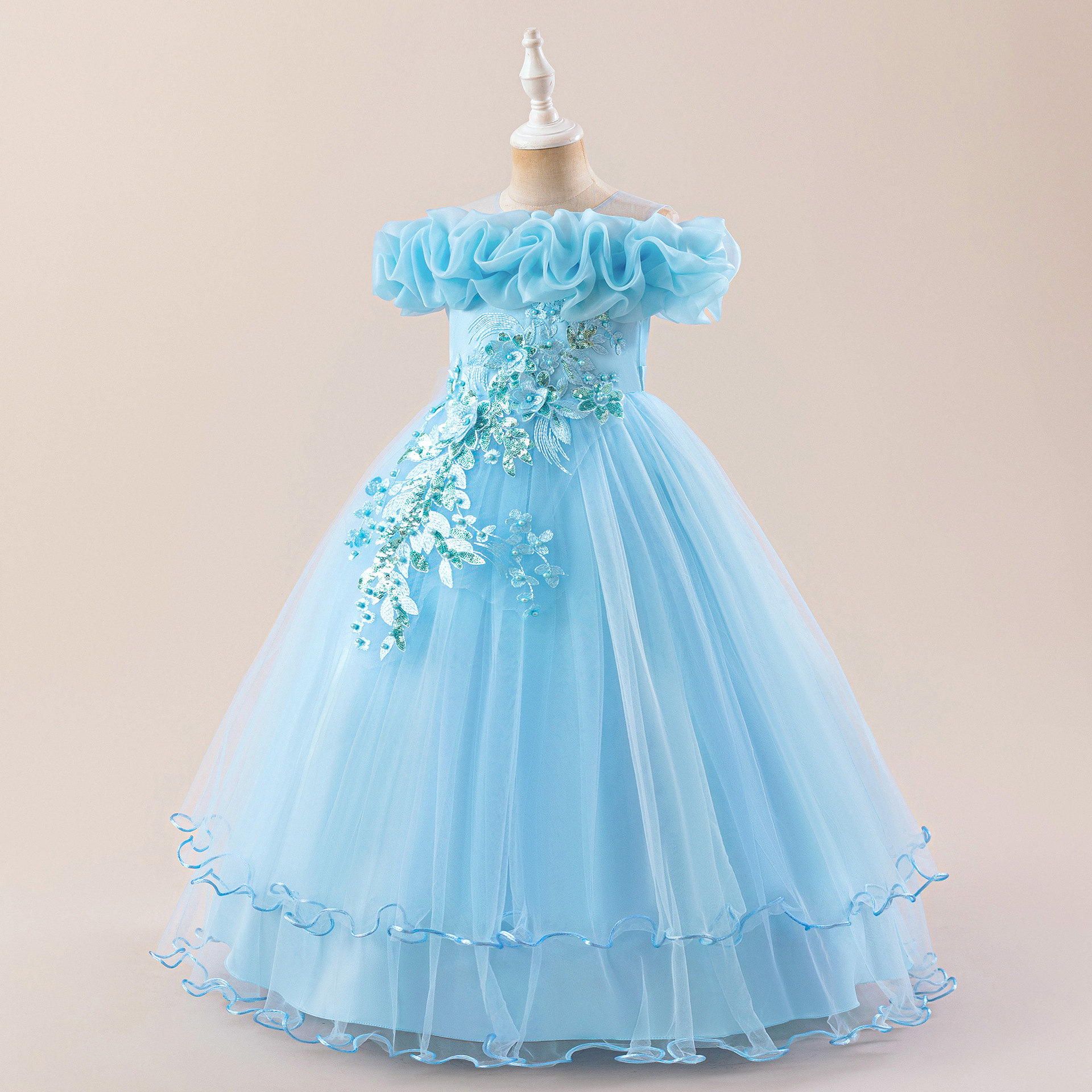 Europa y América vestidos de niñas nuevos vestidos de boda de hombro de flores de cuentas de niños vestidos de princesa vestidos de fiesta de niñas