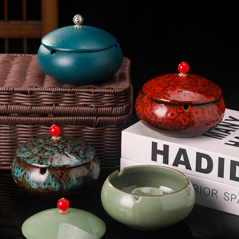 陶瓷烟灰缸家用客厅带盖创意个性ins时尚 防飞灰客厅办公潮流烟缸