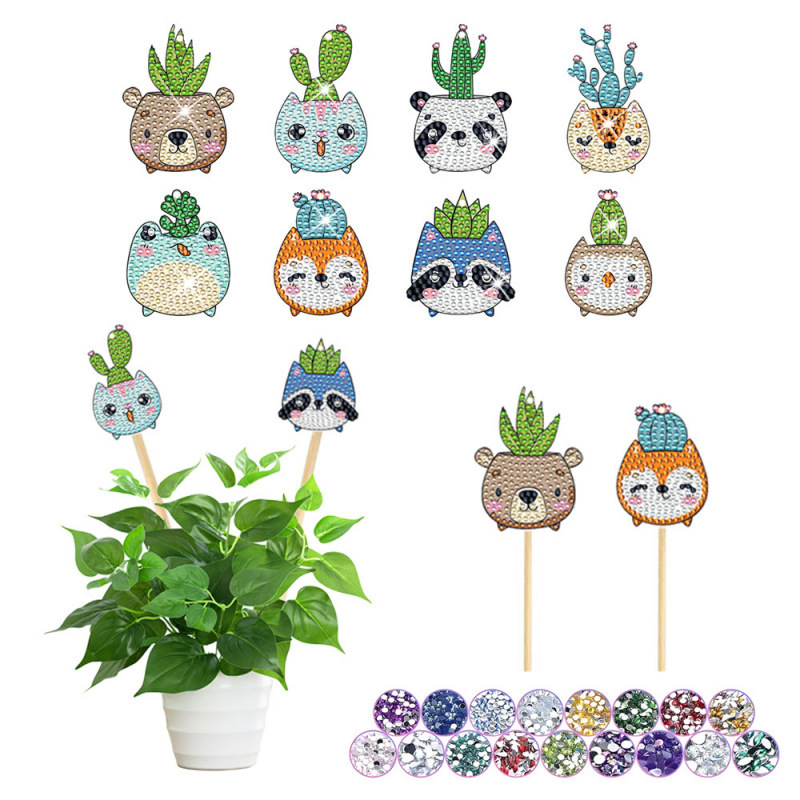 Estacas decorativas para macetas con diseño de flores para decoración de plantas en el hogar y escritorio, fabricante de estacas de jardín hechas a mano con pegatinas de diamantes DIY.