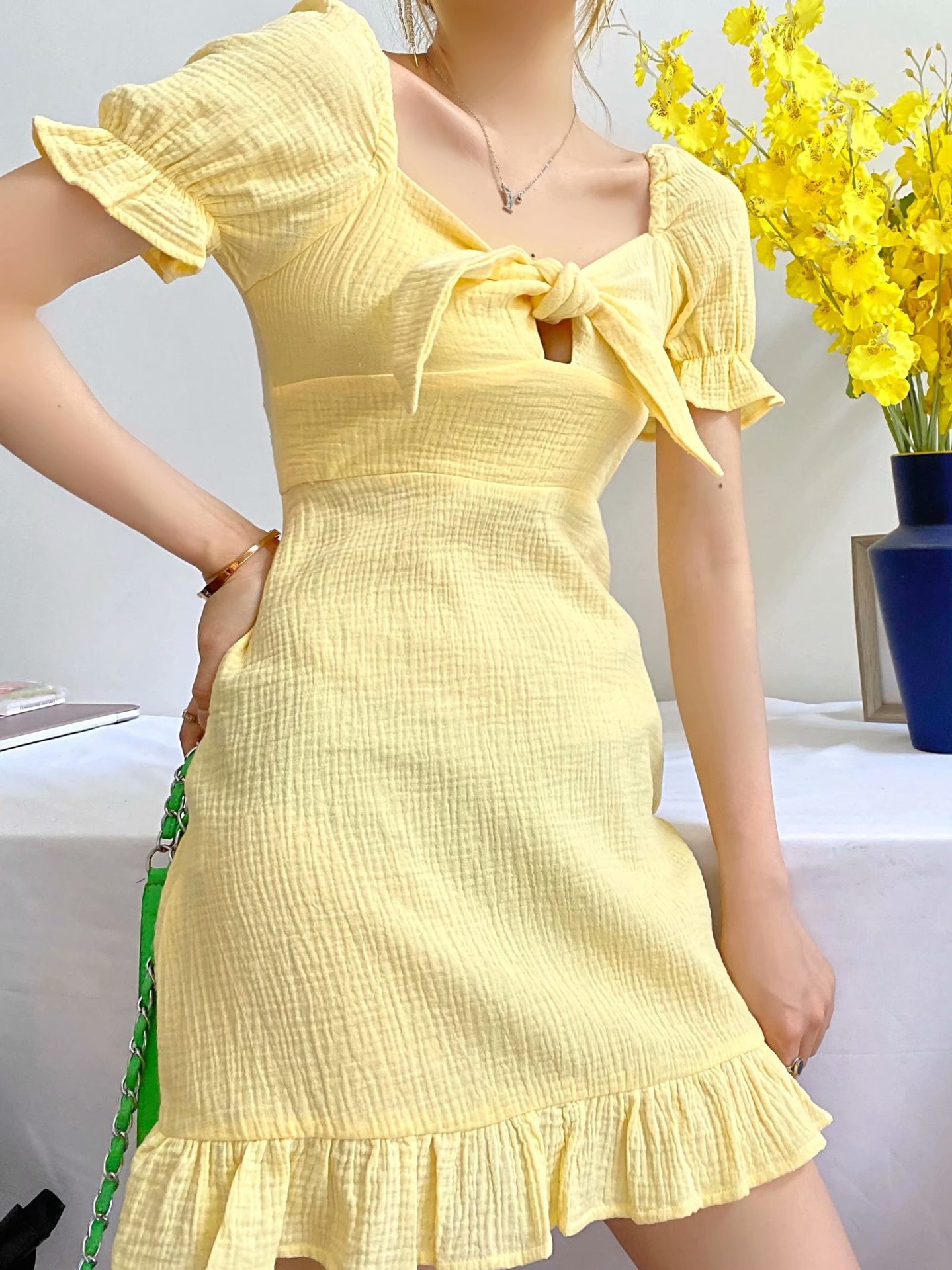 V neck butterfly knot hollow elastic pleated ruffle dress Nihaostyles wholesale clothing vendor NSAM74116