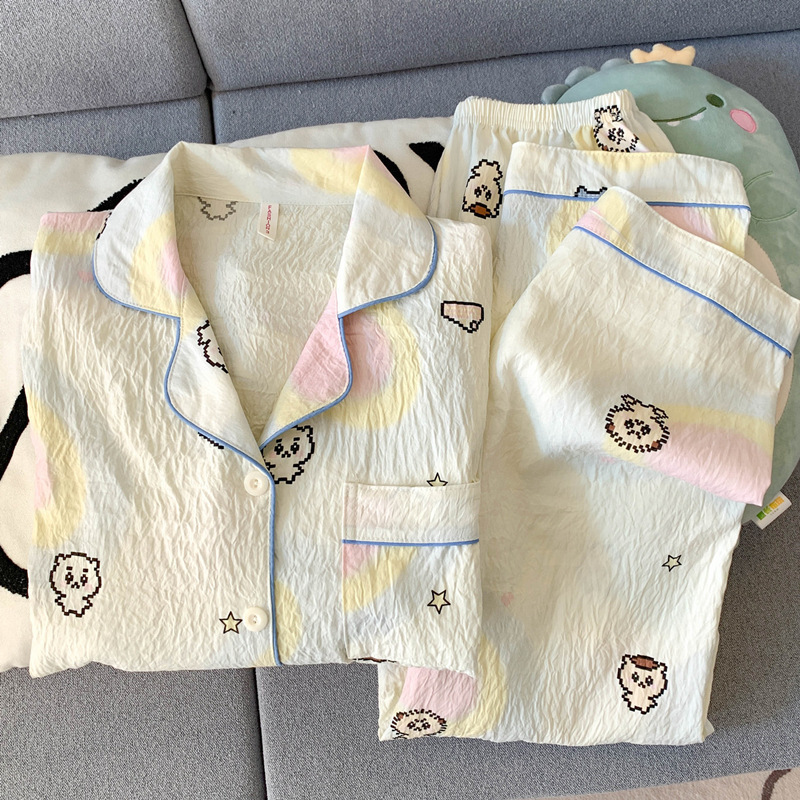 扎染条纹云朵纯棉纱睡衣女春秋季长袖简约可外穿开衫家居服夏套装|undefined