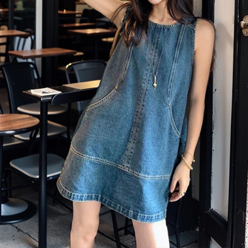 レトロな香港スタイルのベストデニムドレス女性の夏の新しいファッション気質ステッチスカート|undefined