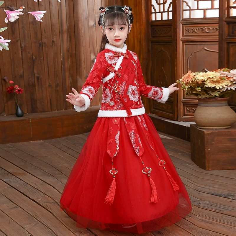 Зимний наряд ханьфу для девочек, детский костюм Тан, древний костюм в китайском стиле, ультра-фея с длинными рукавами, на флисовой подкладке, утолщенный, теплый новогодний наряд на весну.