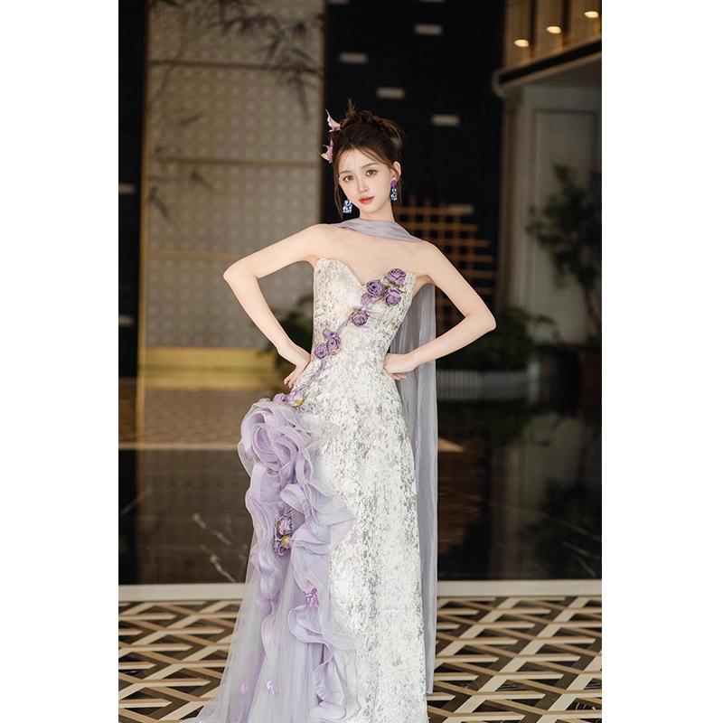 Purple Strapless Morning Robe Evening Dress for Women 2025 New Super Fairy Bride Engagement Wedding Morning Photo Dress Toast Dress