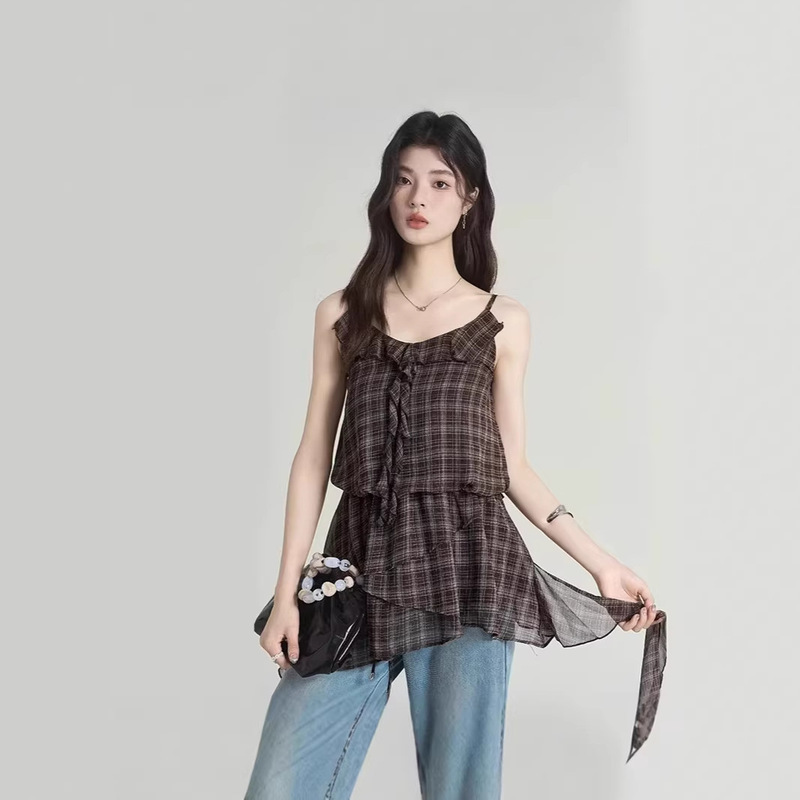 2026 Spring New Korean Style Design Ruffled Ribbon Irregular Plaid Chiffon Suspender Dress Blouse 2026 Spring New Korean Style Design Ruffled Ribbon Irregular Plaid Chiffon Suspender Dress Blouse