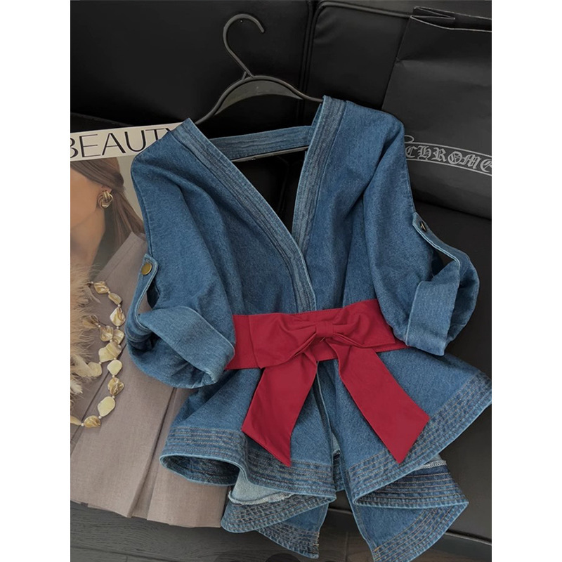 2025 New Fashion Bow Denim Shirt French Sweet and Spicy New Waist-Cinching Backless Slimming High-End Top