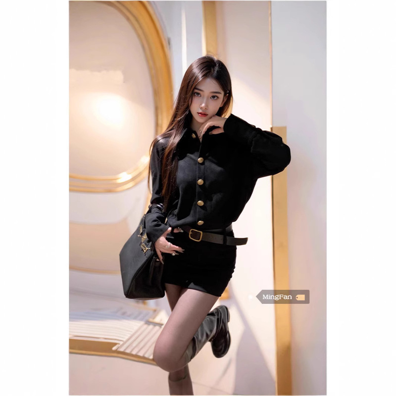 Black Polo Collar Long-sleeved Shirt dress Women's Autumn Suede Slim Look Short Skirt Elegant Tight Waist Hip Skirt Black Polo Collar Long-sleeved Shirt dress Women's Autumn Suede Slim Look Short Skirt Elegant Tight Waist Hip Skirt