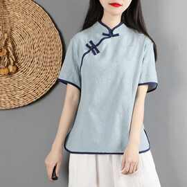 中国风复古文艺旗袍棉麻上衣女夏短袖民族风汉服中式盘扣茶服衬衫