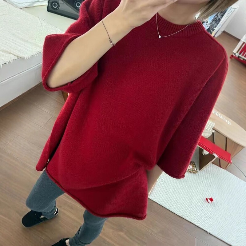 Lazy Style Mid-Length Thin Five-Quarter Sleeve Cashmere Knitwear for Women Spring & Fall Large Size Round Neck Wool Half-Sleeved T-Shirt Lazy Style Mid-Length Thin Five-Quarter Sleeve Cashmere Knitwear for Women Spring & Fall Large Size Round Neck Wool Half-Sleeved T-Shirt