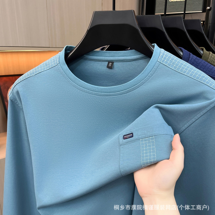 Middle-aged and elderly men's long-sleeve cotton t-shirt with real pockets, round neck, spring and autumn thin classic solid color washed sweatshirt base shirt Middle-aged and elderly men's long-sleeve cotton t-shirt with real pockets, round neck, spring and autumn thin classic solid color washed sweatshirt base shirt