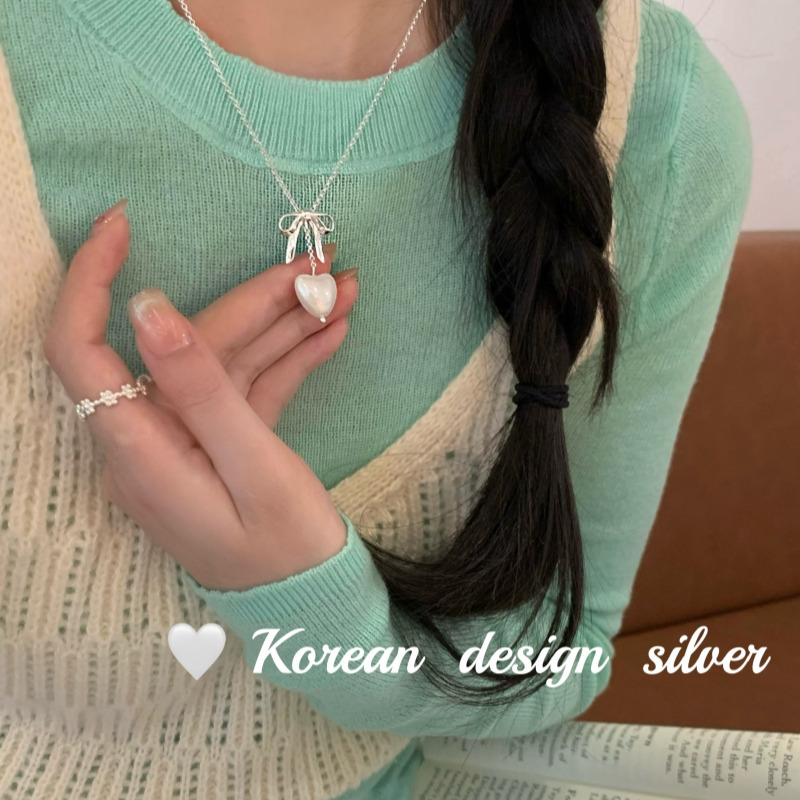 韓國小眾ins風飾品  S925純銀蝴蝶結愛心貝珠項鍊 極簡冷淡高級感