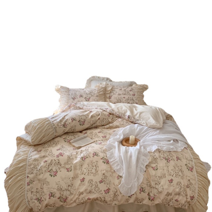 Nordisch-französisches Vintage-Boho-Retro-Prinzessinnen-Bettwäscheset mit Spitze und Rüschen, vierteilig, bestehend aus Rock, Bettlaken und Bettbezug, aus reiner Baumwolle._voghion.com