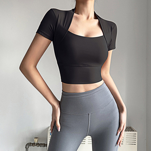Women's 2-Piece Yoga Top with Detachable Bra Cup Running Fitness Slimming Sport Short Sleeve Training T-Shirt