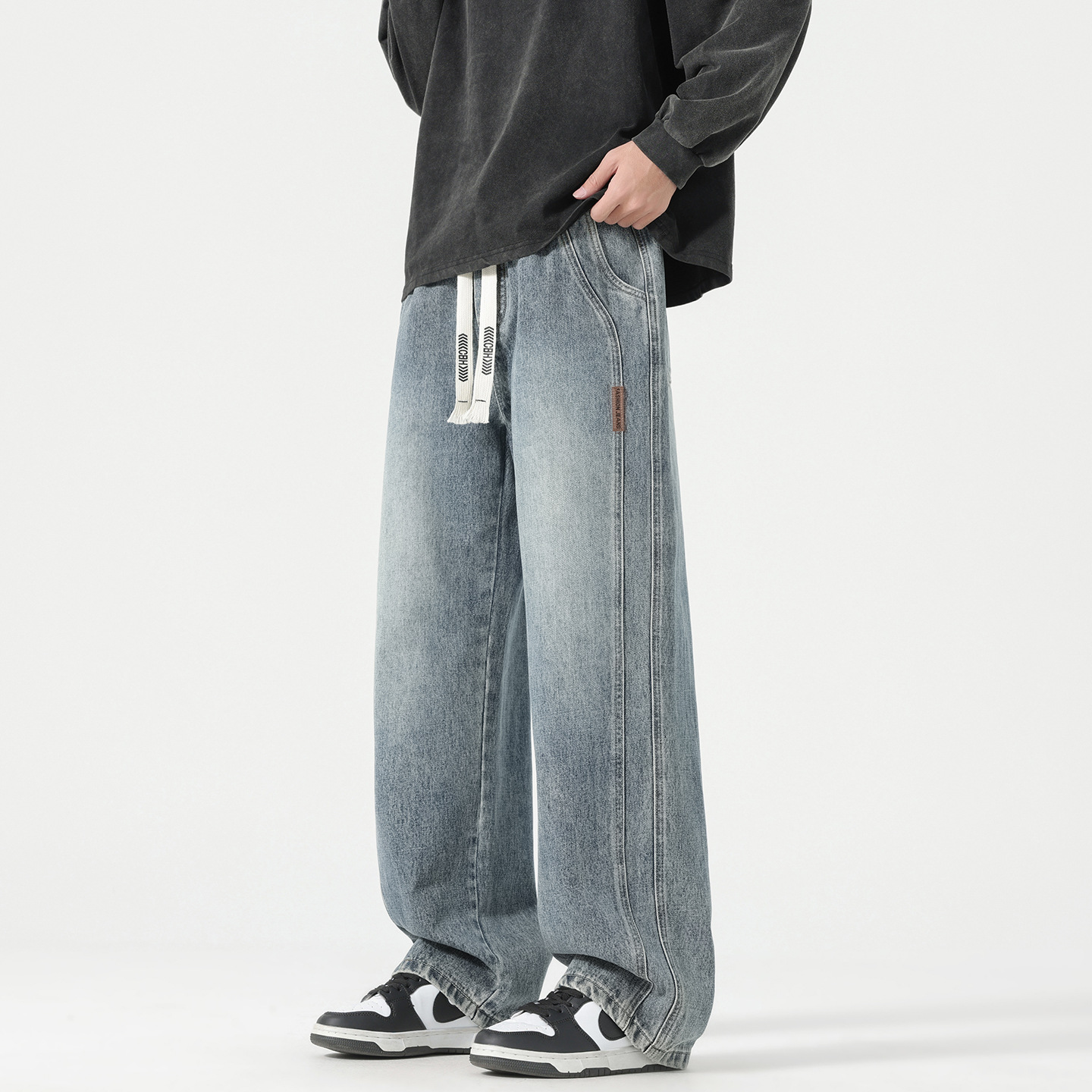 American High Street Fashion Brand Washed Denim Jeans for Men 2026 New Style Loose Casual Wide-Leg Straight Commuter Pants