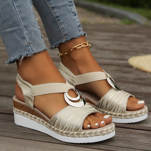 Plus-size wedge sandals for women: metallic buckle, jute rope details, lightweight platform soles, and chunky block heels with a peep-toe design