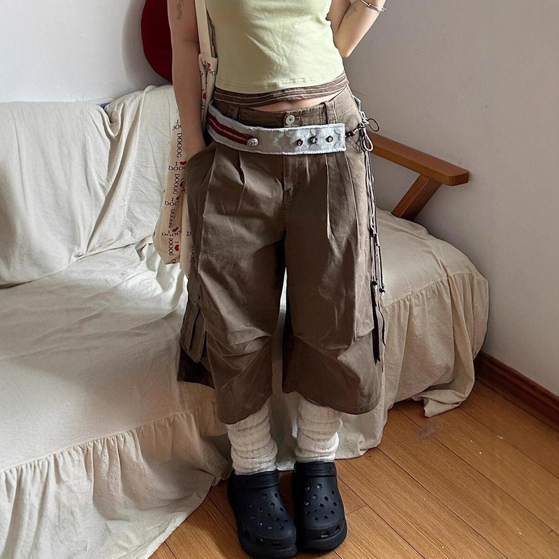 American-Style Washed Multi-Pocket Pleated Cargo Denim Cropped Pants for Women, Street Straight Loose Slimming Wide-Leg Mid-Length Pants