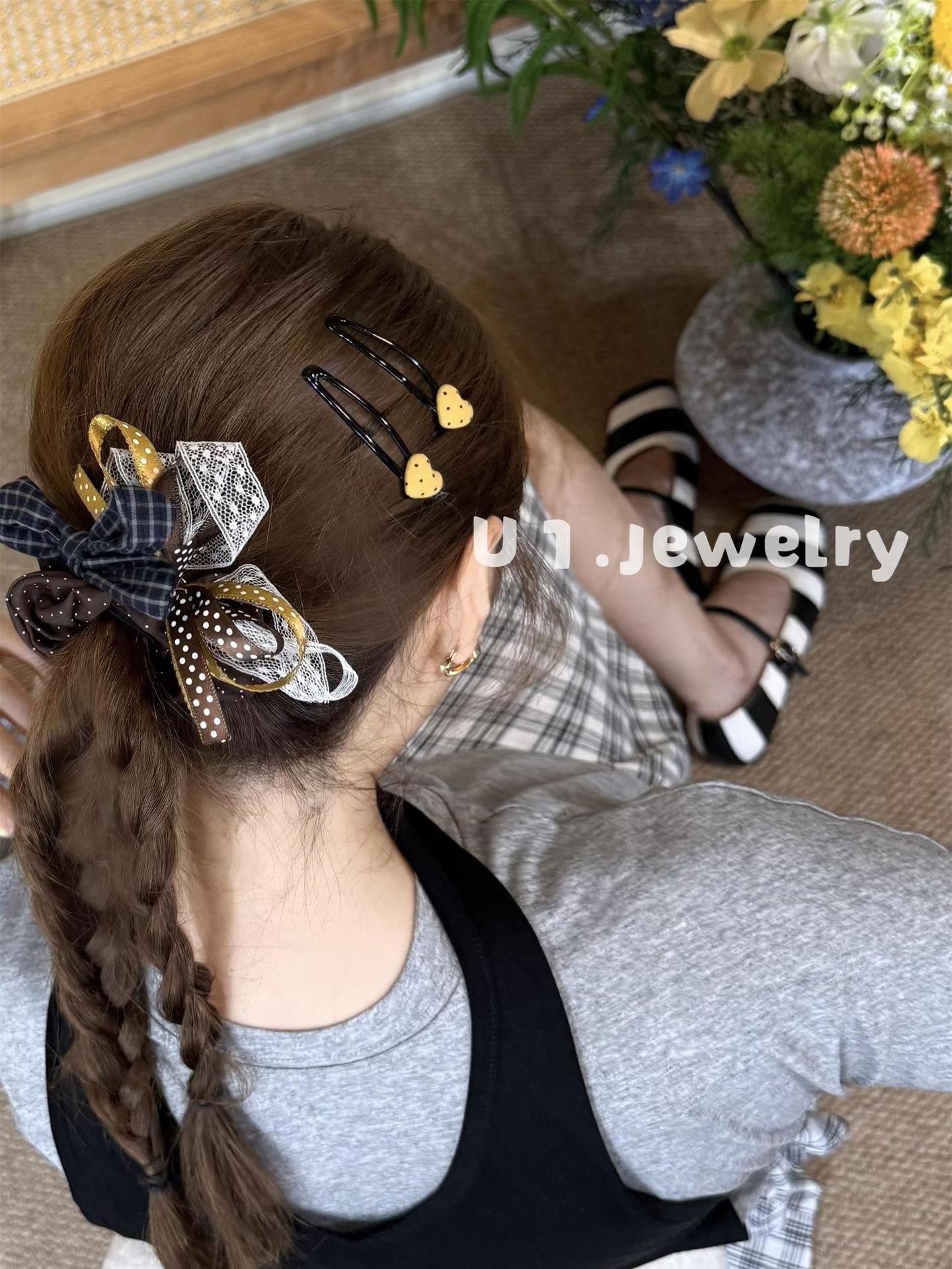 Youyijia stylish and unique double-layer bow hair tie, colorful polka dot plaid, girl's ponytail hair accessory