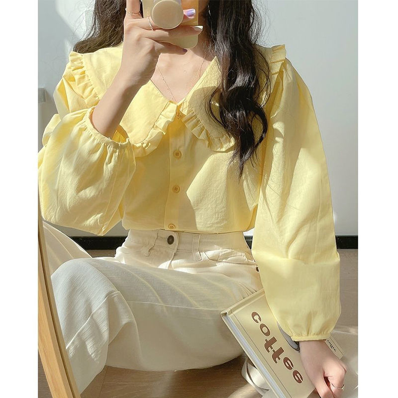 奶黄色长袖衬衫女春季chic法式复古娃娃领上衣设计感小众奶甜衬衣|undefined