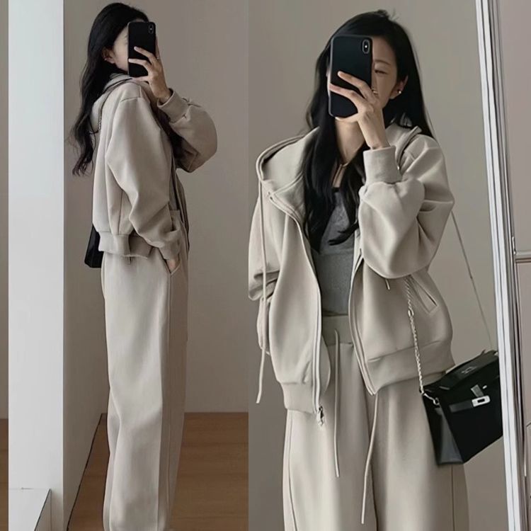 秋冬休闲卫衣运动套装女时尚港风显瘦减龄阔腿裤连帽跑步两件套潮|undefined