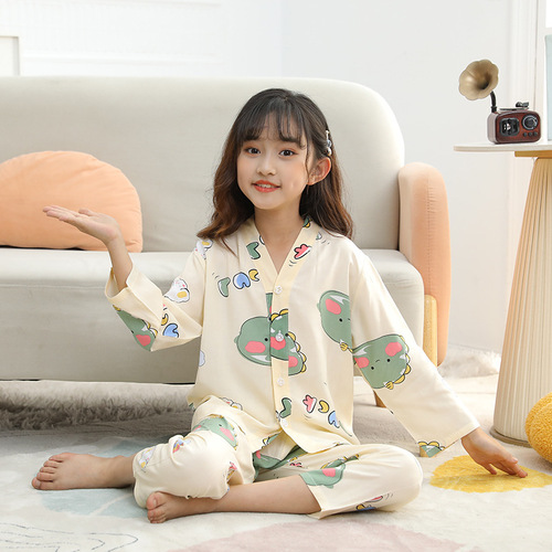 Children's thin summer long-sleeved cotton gauze pajamas, suitable for middle-sized boys, wholesale cotton gauze air-conditioning home pajama set