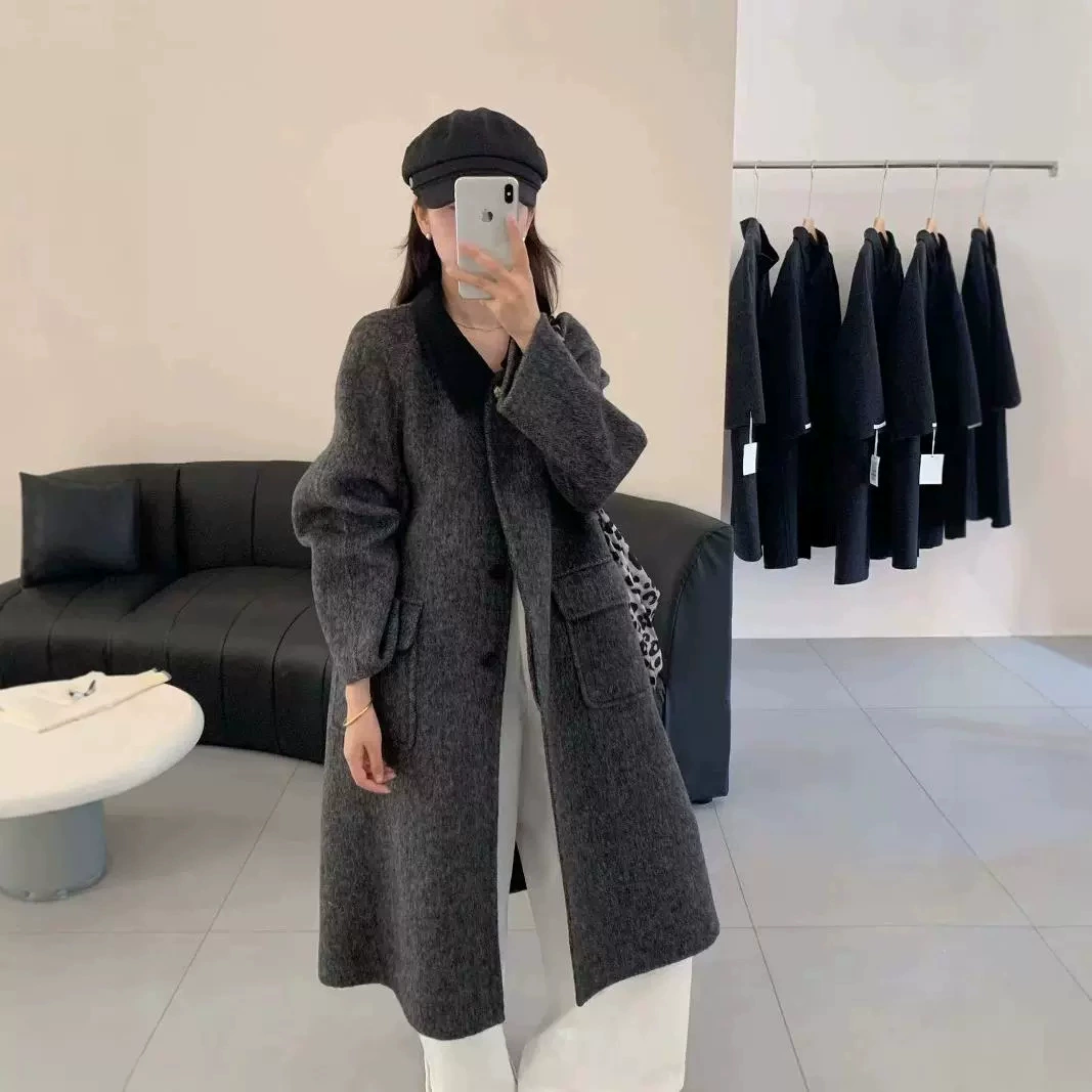 [Контаж с цветным сшитым детским воротником] Новая цветная елочка двухсторонняя кашемировая корейская версия пальто с кукольным воротником для женщин