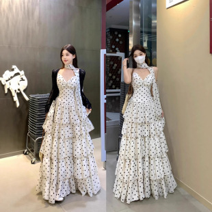 plus size Women's chubby girl French Vacation Gentle Wave Point Tight Waist Slimming Fashion Slimming Cake Sling dress
