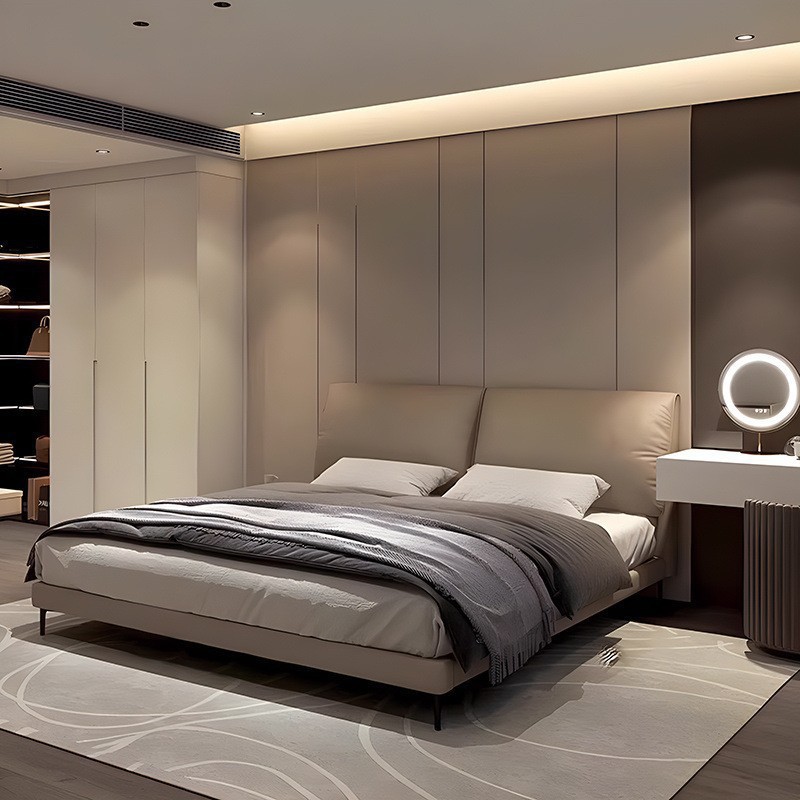 Cama de cuero con orejas de elefante, lujo ligero, dormitorio principal simple moderno, cama grande, cama de boda minimalista italiana, cama de cuero