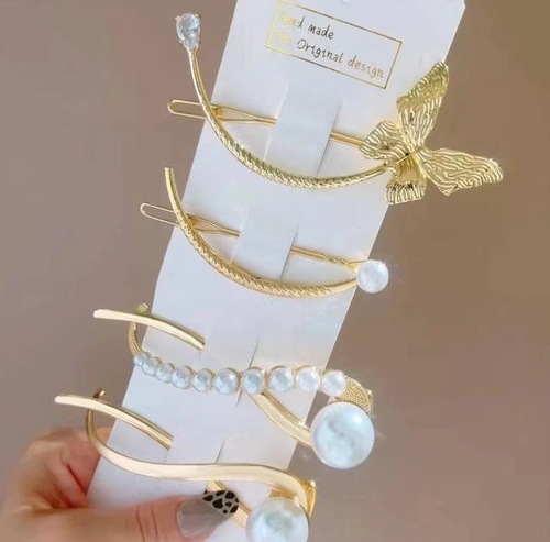 (Set) Korean elegant pearl hairpin for women summer frog buckle one-word hairpin hairpin headwear on the back of the head