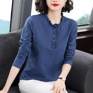 Long-Sleeved Tops, Spring & Fall Shirts for Women, Fungus Collar, Middle-Aged Mothers, Loose Large Size Stand-Up Collar, New Style Bottoming Shirts