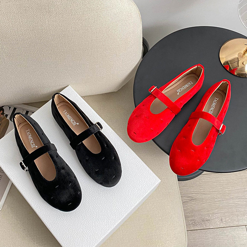 Giày búp bê nữ Mary Jane quai ngang mũi tròn đế bằng — Màu đen, Màu đỏ