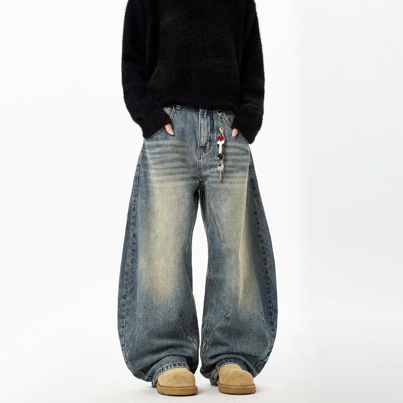 Cross-Border Trendy American Retro Washed Scimitar Jeans for Men and Women, Loose Silhouette Design, Slimming Wide-Leg Pants