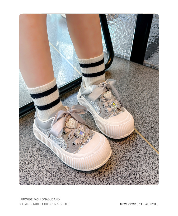 Girls Sneakers With Sequin And Heart Decorations For Toddlers_voghion.com