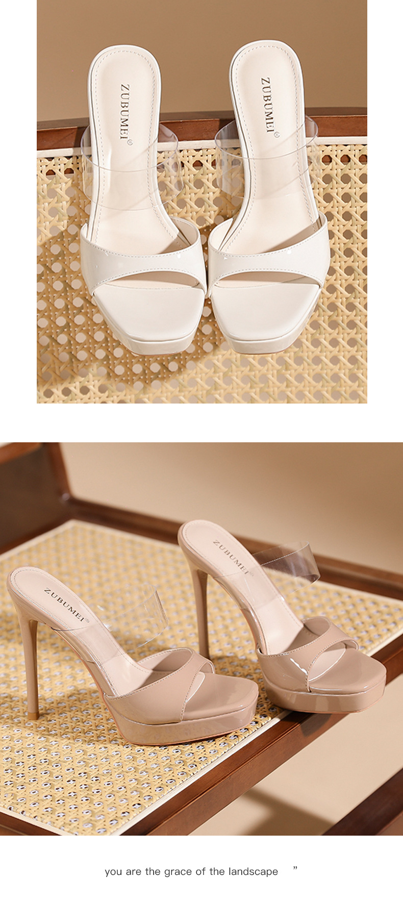 Sandal cao gót nữ mũi vuông quai trong suốt, đế platform, gót nhọn 9 cm — màu hồng nude chi tiết 8