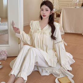 秋冬季新款印花睡衣女海岛绒简约休闲带胸垫可外穿套头家居服套装