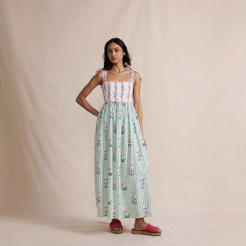 Women's Bohemian Floral Extra Long dress Lace-up Shoulder Collated Layered Mid-length dress Elegant Colorblock