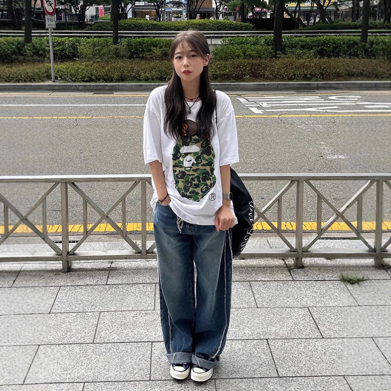 25SS 高品質ベイプ天井新猿頭純綿トップ男性と女性のための同じスタイルのラウンドネック半袖 T シャツ|undefined
