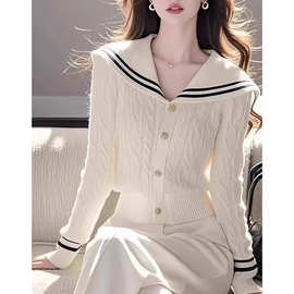 海军领长袖软糯毛衣女2024秋修身显瘦设计感针织衫内搭打底衫上衣