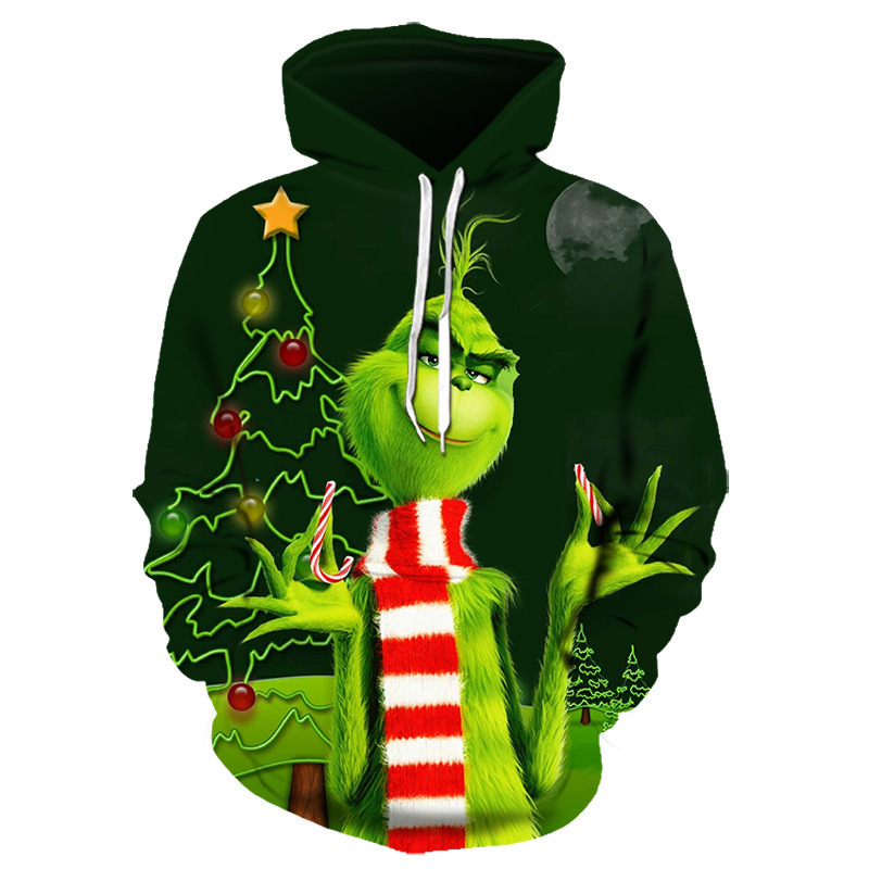 Cross-border foreign trade green fur monster Grinch fashion casual sweater 3D digital printing hoodie Christmas clothing