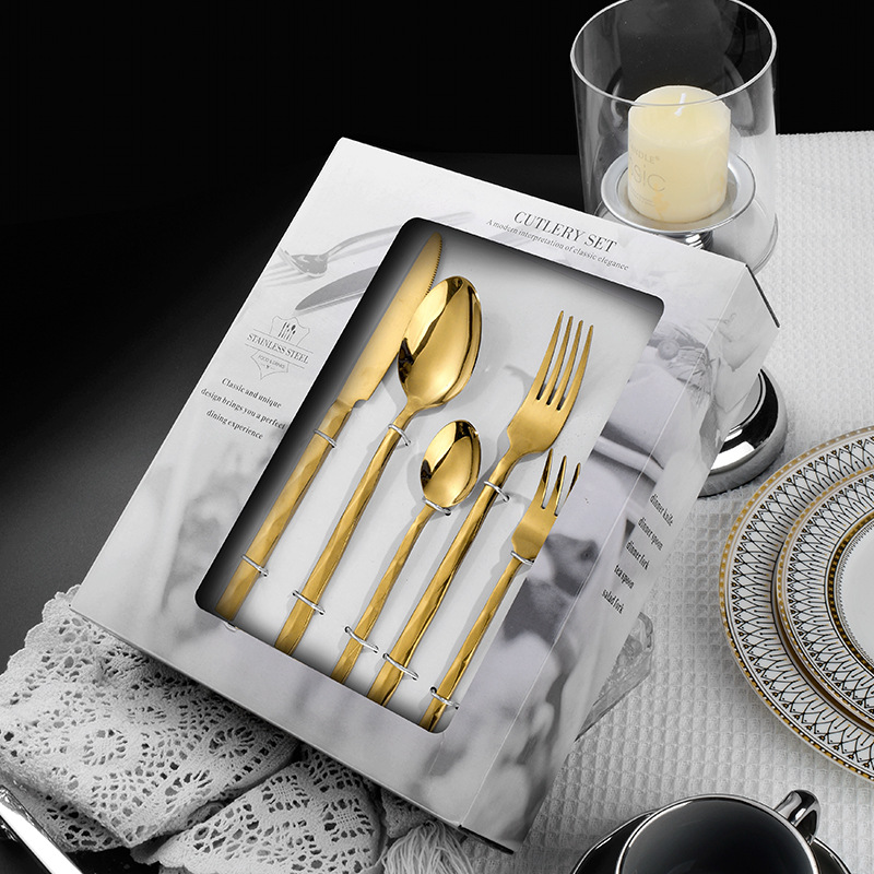 cubiertos de acero inoxidable agua ondulada diamante mango cuadrado cuchillo de filete tenedor cucharas 24 hotel comida occidental 30 juegos de caja de regalo