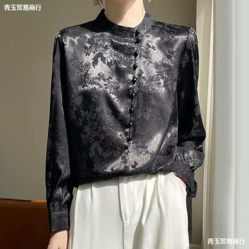 White silk shirt, spring long-sleeve, Chinese style